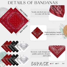 50 Pcs Bandanas Paisley Cowboy Polyester Bandanas Bulk Multi Purpose Headband for Men Women Party Costume (Black, Wine Red, White)