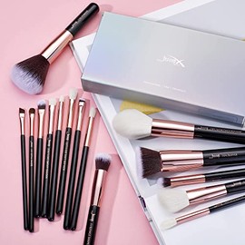Jessup Set Brochas de Maquillaje Profesional Oro Rosa 15pcs Negro Pinceles de Maquillaje para Polvo Fundación Mezcla Delineador Sombras de Ojos Ocultador, T160