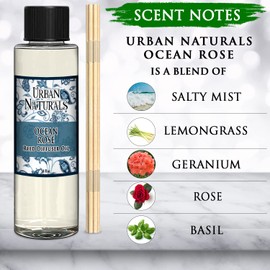 Urban Naturals Ocean Rose Scented Oil Reed Diffuser Refill with Free Set of Reed Sticks! Salty Mist, Lemongrass, Geranium, Rose, Basil, Honey & Sandalwood | Made in The USA