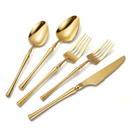 Lemeya 20 Piece Glossy Gold Silverware Set,18/10 Stainless Steel Flatware Set Service for 4,Unique Cutlery Set with Canton Tower Handle,Forks Spoons and Knives Set,Mirror Polished,Dishwasher Safe