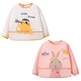 【 2-Piece Set 】MINGYI Baby Feeding Apron, Long Sleeve, Magic Closure, Children's Waterproof Lightweight Apron with 3D Pockets, For Ages 6 Months to 3 Years, 1-Year Peace of Mind Warranty Included