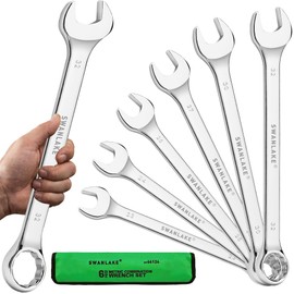 6-Piece All-Purpose Combination Wrench Set, Metric & Standard 23mm, 24mm, 26mm, 27mm, 30mm, 32mm, Heat Treated CR-V, 12-Point Box End Big Wrench Set, Master Long Mechanic Tool Set with Rolling Pouch