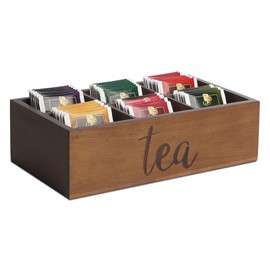 Acacia WoodenTea Storage Containers, Farmhouse Tea Bag Caddy Box, Sugar Packet Holder for Sugar, Beverage Supplies, Sweeteners, Individual Packets (Brown, 10 Inch)