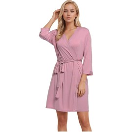 Joyaria Women's Lightweight Sauna Bathrobe Short Sauna Robe Kimono Robe House Coat Sleepwear Bamboo V-Neck 3/4 Sleeves S-XXL, Rose (dusty rose)