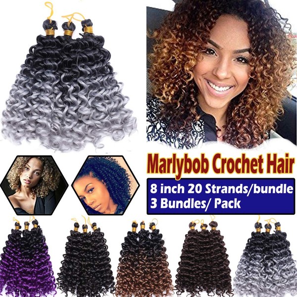 Afro Marlybob Crochet Hair Braids 8 Inch Water Wave Kinky Curly Synthetic Hair Bundles Extensions Ombre Jerry Curl Twist Hair for Black Women 3 Bundles/Pack Black to Silvery Grey