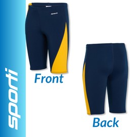 Sporti Boys Swim Jammer Swimsuit – HydroLast Splice Athletic Swimming Shorts, Chlorine-Resistant 4-Way Stretch, UPF 50+, Drawstring, Youth Competitive Team Suit - Navy/Gold - 22