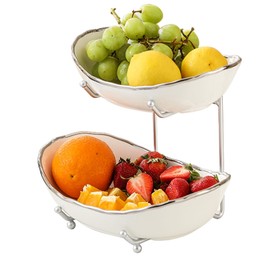 HOMKULA 2 Tier Ceramic Fruit Bowl for Kitchen Counter, Tiered Fruit Basket for Countertop, Modern Multi Layer Fruit Display Stand for Party, Cute (Silver-rimmed, Small)