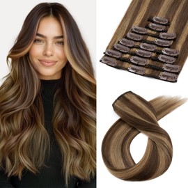 Benehair Human Hair Clip in Extensions #4/27 Medium Brown Mix Dark Blonde Real Remy Hair Extensions Clip in Long Double Weft Straight Seamless 8 Pcs Set with 18 Clips 10 Inch (50 g)