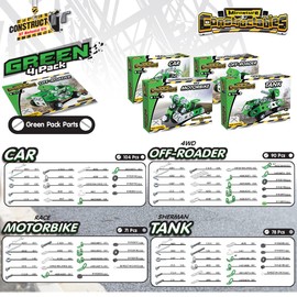 Construct IT Miniature Constructables 4 Pack Set - Green - 70-100 Pieces Toy Car, Toy Motorbike, Toy Tank Construction Set - STEM Toys for 8+ Year Olds - Build Your Own Mini Vehicles
