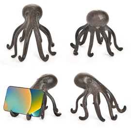 Sungmor Cast Iron Octopus Statue, Decorative Bookend, Cute Sculpture on Bookshelf or Desk, Creative Cell Phone Holder, Octopus Stand for Tablet, Black Brown