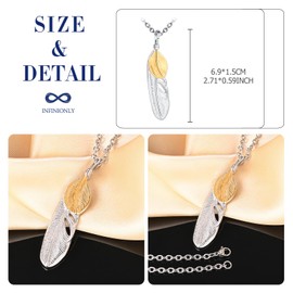 INFINIONLY Creative Gold Feather Necklace Made of Stainless Steel Fashion Men Women Feather Pendant Chains Creative Necklaces with 55 cm Chain Elegant Jewellery Decoration for Teenagers, Stainless
