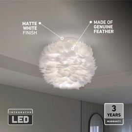 Artika Plume 12W LED Modern Ceiling Light Fixture Flush Mount White, Large Fluffy Lamp Shade for Living Room, Bed Room, 900 Lumens 3000 Kelvin, Warm White