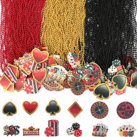 SAYAYA 120 Pieces Casino Night Beaded Necklaces Set Dice Poker Dollar Sign Necklaces Casino Theme Party Beaded Necklaces Gold Red Black Beaded Necklace for Casino Party Favors Game Night Decor