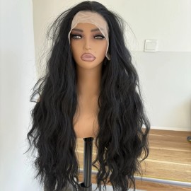 MISSWEN Long Wavy Frontal Lace Wigs Layered Pre Plucked Synthetic Hair Off black