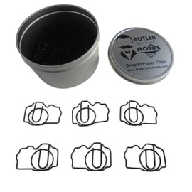 Butler in the Home 100 Count Photo Camera Shaped Paper Clips Great for Paper Clip Collectors or Office Gift - Comes in Round Tin with Lid and Gift Box - Black