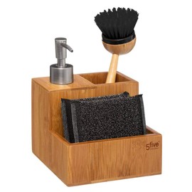 5Five Soap Dispenser with Brush and Sponge - Made of Bamboo - Easy to Use - Ideal Accessory for Kitchen and Bathroom