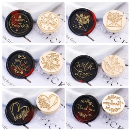 SWANGSA Blessing Wax Seal Stamp Gift Box Set, Vintage 6 Sealing Stamp Heads + 1 Wooden Hilt, Wax Stamp Kit for Party Invitations, Envelops, Cards and Gift Packaging (Phrases Kit)