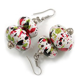 White/Red/Black/Green Colour Fusion Wooden Double Bead Drop Earrings - 55mm L