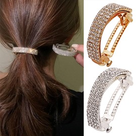 2Pcs Rectangular Glitter Rhinestone Hair Clips Sparkly Hair Barrettes Crystal French Hair Pins Ponytail Holder Side Clips Hair Jewelry Accessories for Wedding Prom (Gold+Silver)