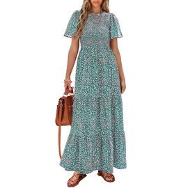 PRETTYGARDEN Women's Summer Casual Round Neck Short Flutter Sleeve Smocked Ruffle Floral Maxi Dress Wedding Guest Dress (Olive Green,Small)
