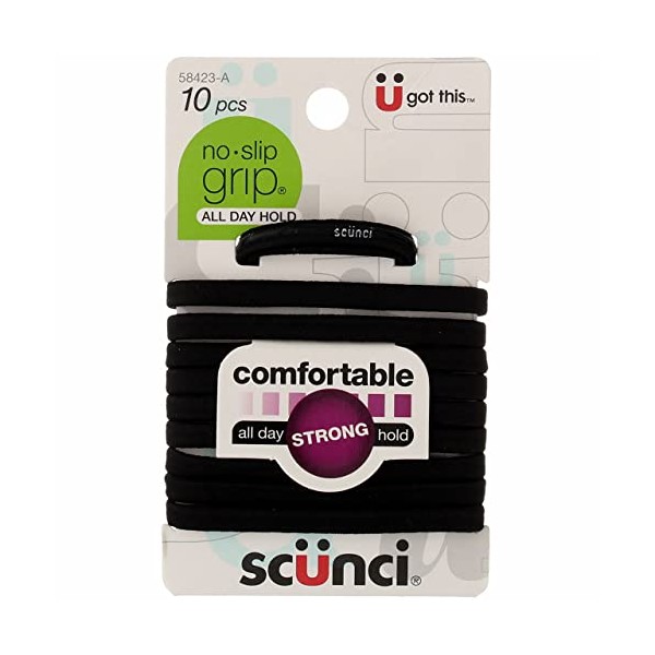 Scunci All Day Hold No-Slip Grip Black Elastics, 10 Count (Pack of 2)