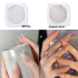 2 Boxes of Pearl Chrome Nail Powder Glazed Gold White Pearl Chrome Nails Powder, High Gloss Glitter Nail Art Ice Aurora Dust Nail Powder for Manicure Decorations
