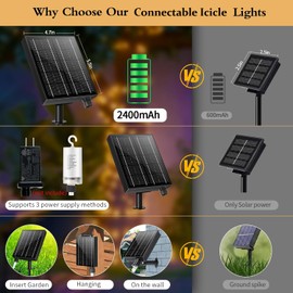 Solar Icicle Lights, 60+16Ft 600 LED Christmas Lights Outdoor Decorations 2400mAH Connectable Rechargeable Dimmable Remote 8 Modes Twinkle Fairy Lights for Xmas House Roof Holiday Wedding Party