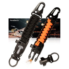 ParaDance Paracord Keychain Carabiner, [𝙪𝙥𝙜𝙧𝙖𝙙𝙚𝙙] Military Survival Keychain (5-in-1) with Paracord, Whistle, KeyRing, Flint, Striker (Fire Starter), Ideal for Hiking/Camping/Fishing/Hunting