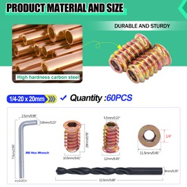 Twidec/60PCS 1/4"-20 Threaded Inserts for Wood Furniture Screw-in Nut Wood Inserts Bolt Assortment Kit with M6 Hex Wrench (1/4"-20 x20mm) N-059-1/4x20