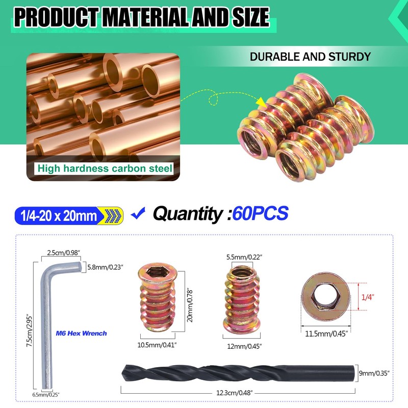 Twidec/60PCS 1/4"-20 Threaded Inserts for Wood Furniture Screw-in Nut Wood