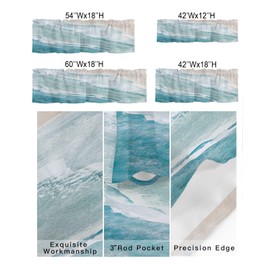 Chucoco Summer Ocean Valance Curtain for Window,Coastal Beach Sea Waves Rod Pocket Kitchen Valances Blue Khaki Gradient Short Curtain Windows Treatment Drape for Bathroom/Living Room/Bedroom/Cafe