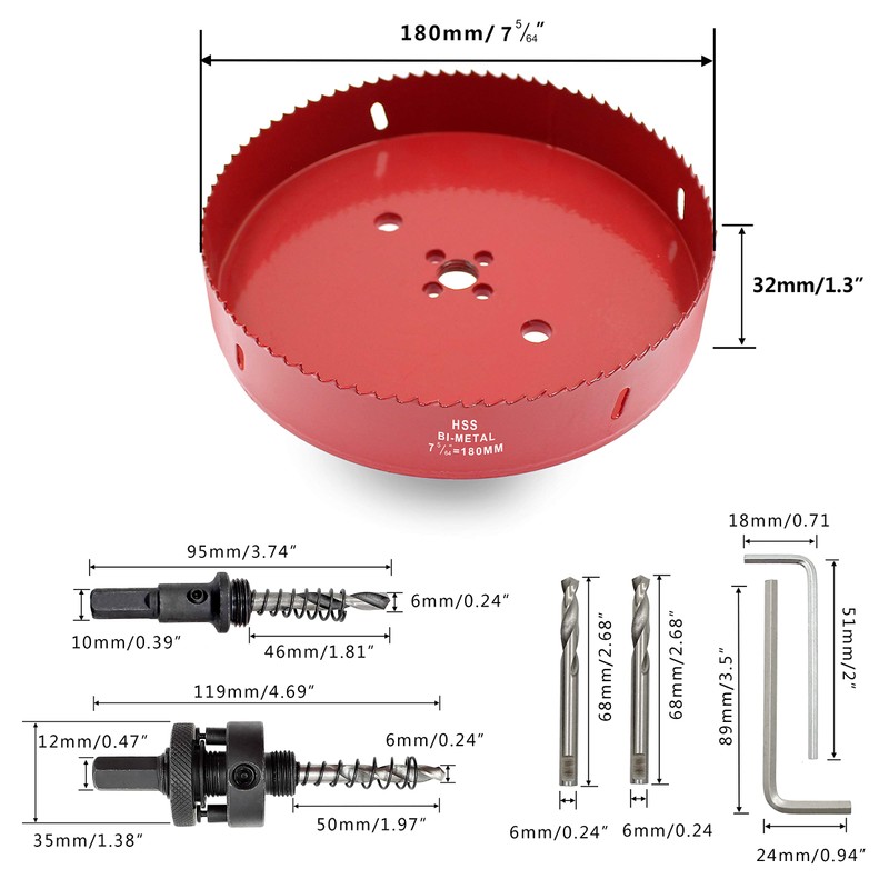 Hordion 180mm 7.1 inch Hole Saw with Drill Bits &