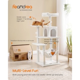 Feandrea Cat Tree, 55.1-Inch Cat Tower, Plush Multi-Level Condo with 4 Scratching Posts, 2 Perches, Hammock, Cave, Cream White UPCT161T01