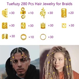 Tuefuzy 280 Pcs Gold Hair Jewelry Braid, Hair Accessory, Hair Dreadlock Accessory Braid, Metal Gold Braids Rings Cuffs Clips for Dreadlock Accessory Jewelry Decorations