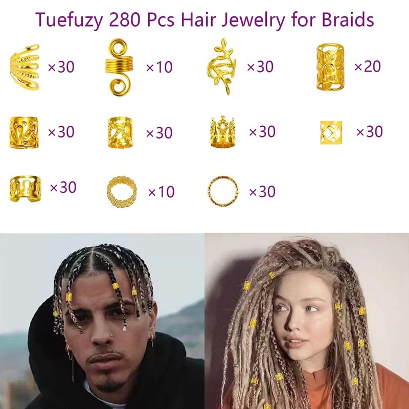 Tuefuzy 280 Pcs Gold Hair Jewelry Braid, Hair Accessory, Hair