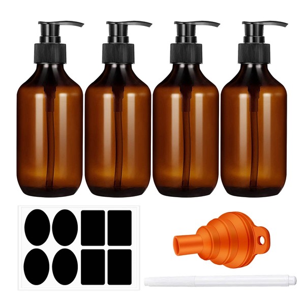 Shampoo Dispenser, Pack of 4 300 ml Shampoo Bottles for Filling, Shower Gel Dispenser, Pump Dispenser, Brown Pump Bottle, with Funnel Labels, Chalk, Suitable for Lotion, Shower Gel, Shampoo