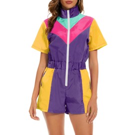 Yisfri Womens 80s 90s One Piece Outfit Vintage Zip Front Neon Rompers Windbreaker Jumpsuit Theme Party Track Suit (Purple, XL)