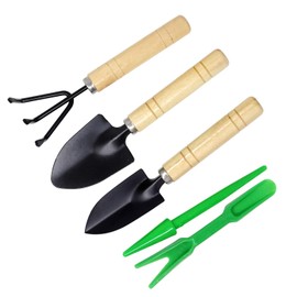 Honbay 5PCS Mini Garden Tool Hand Planting Tools Small Shovel Rake Spade with Wood Handle Plastic Dig Seedling Tool Hole Puncher for Pot Planting Transplanting and Digging