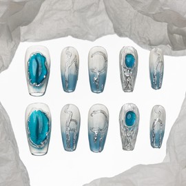 Sun&Beam Nails Handmade Nail Tip, Medium, Long, Coffin Ballerina, Blue, Silver, Silver, White, False Nails, Glossy Gradient, Hand-painted Design, Stylish, Set of 10 (#201 S)