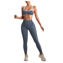 RoseSeek Women's 2 Piece Workout Tracksuits Set Crisscross Strappy Sports Bra and Tummy Control Leggings Dark Grey Small