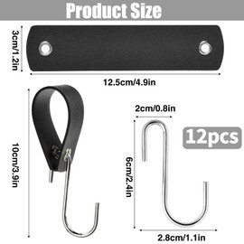 GGXZHT S Hooks Black with Leather Loop, Pack of 12, Clothes Hooks, Coat Hooks, Hooks for Hanging, Metal, for Wardrobe, Kitchen, Clothes Rail, Bathroom, Camping