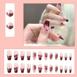 Red French Tip Press on Nails Medium Square 3D Flower Fake Nails with Glue Pearl Gemstone Rhinestones Stick on Nails Glitter Acrylic Nails for Women DIY Manicure Decoration 24PCS