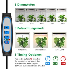 Aumtrly LED Plant Lamp, Full Spectrum Grow Lamp for Small Plants Growing, 5000 K White Light Grow Lamp with Sockets, 61 cm Height Adjustable, 6/12/16H Timer, 3 Light Modes