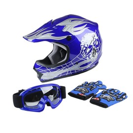 XFMT DOT Youth Kids Motocross Offroad Street Dirt Bike Helmet Youth Motorcycle ATV Helmet with Goggles Gloves Blue Skull XL