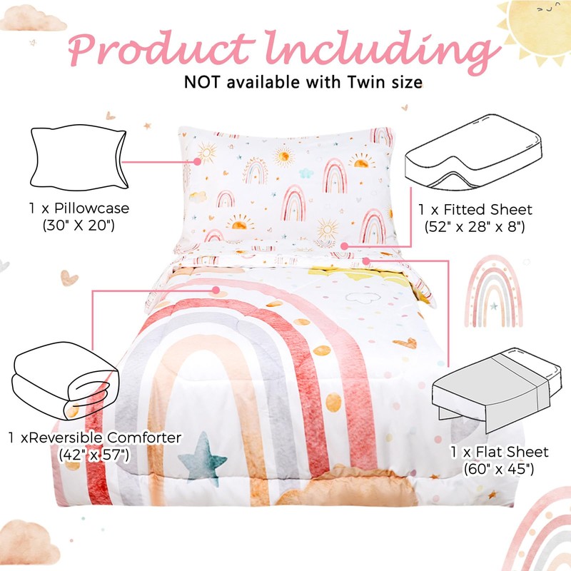 CARUILI Toddler Bedding Set for Girls 4 Piece Pink Rainbow