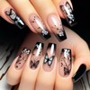24Pcs Black Butterfly Press on Nails Glossy White Flower Medium