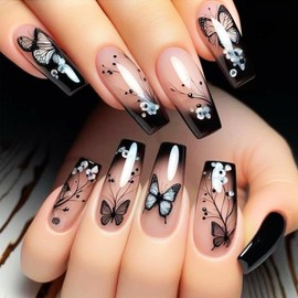 24Pcs Black Butterfly Press on Nails Glossy White Flower Medium Coffin False Nail Gradient Acrylic Full Cover Fake Nails French Gel Glue on Fingernails Ombre Stick on Nail for Holiday Manicure Art