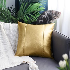 BRAWARM Gold Leather Throw Pillow Covers 20 X 20 Inches - Faux Leather Pillow Cover with Piping, Hand Stitched Leather Throw Pillow for Couch Sofa Bed Living Room Home Decorative
