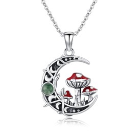 TRISHULA Moon Mushroom Necklace 925 Sterling Silver Red Mushroom Pendant Moss Agate Moon Phase Necklace Mushroom Jewelry Crescent Moon Jewelry for Women