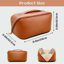 Dayify Large Makeup Bag, Portable Travel Cosmetic Bag, Large Opening PU Leather Makeup Organizer, Toiletry Bag for Travelling, Makeup Brush Storage Bag for Women Girls Gifts (Brown)